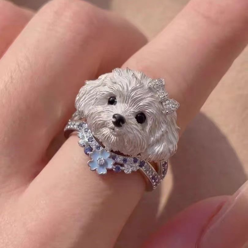 Cute Little Dog Cat Ring Cartoon Sweet Pet Ring Exquisite Sparkling Diamond Bow Index Finger Ring