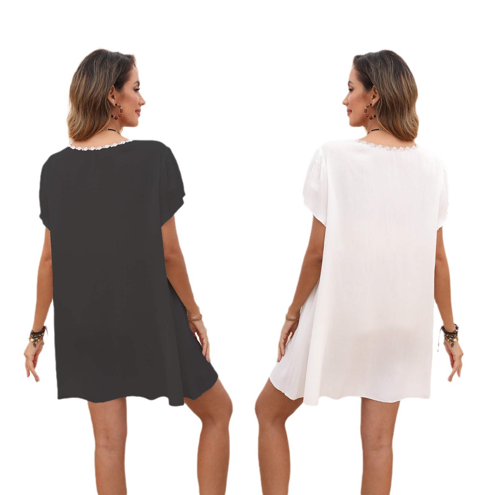 Embroidered casual loose dress summer V-neck short dress women #762