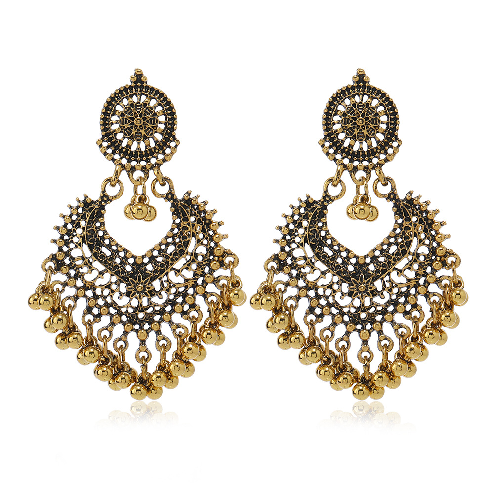 Bohemian ethnic style earrings for women hollow heart ear studs long bell Indian accessory