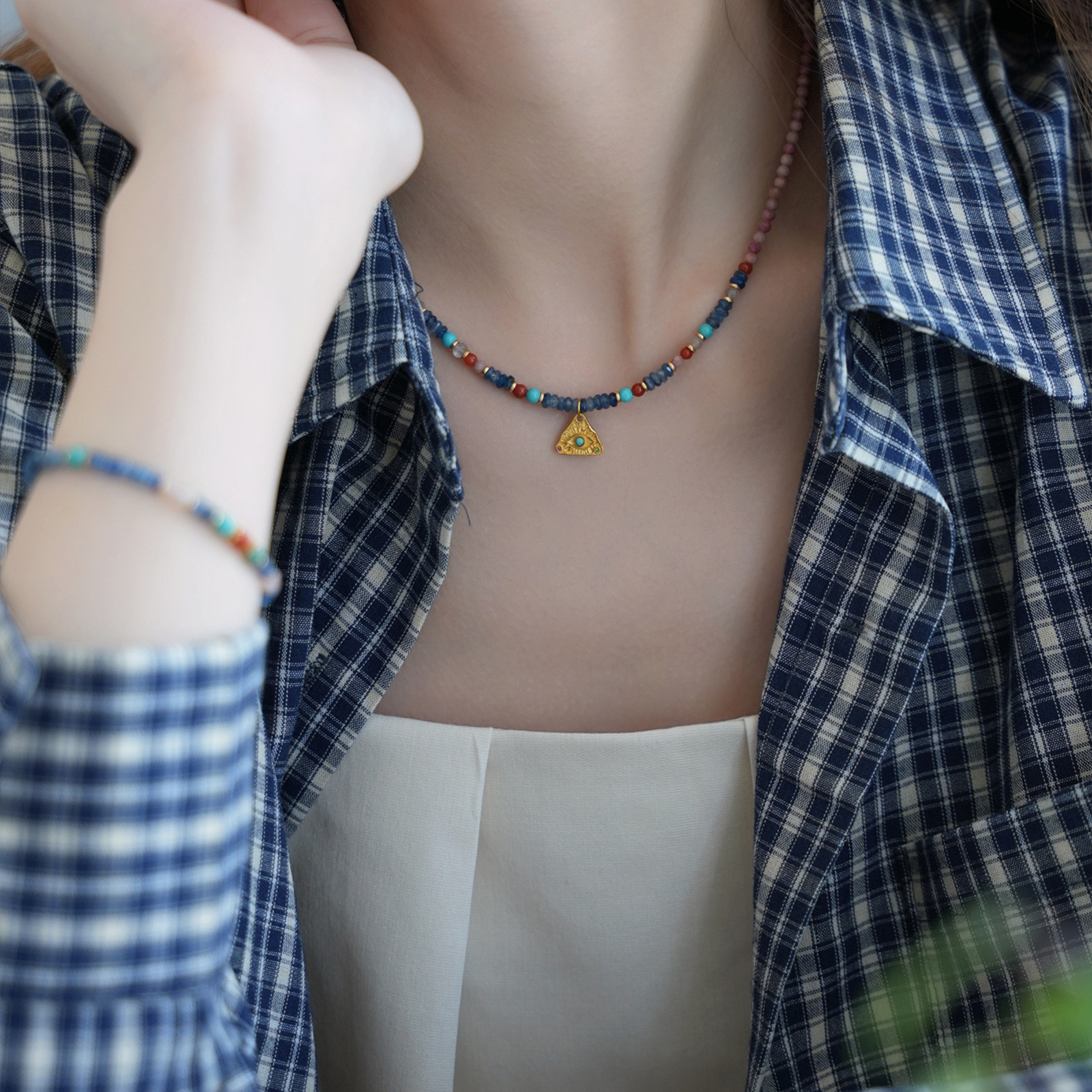 New Chinese-style Dunhuang style natural stone bead necklace for women, summer ethnic national style colorful dopamine collarbone chain