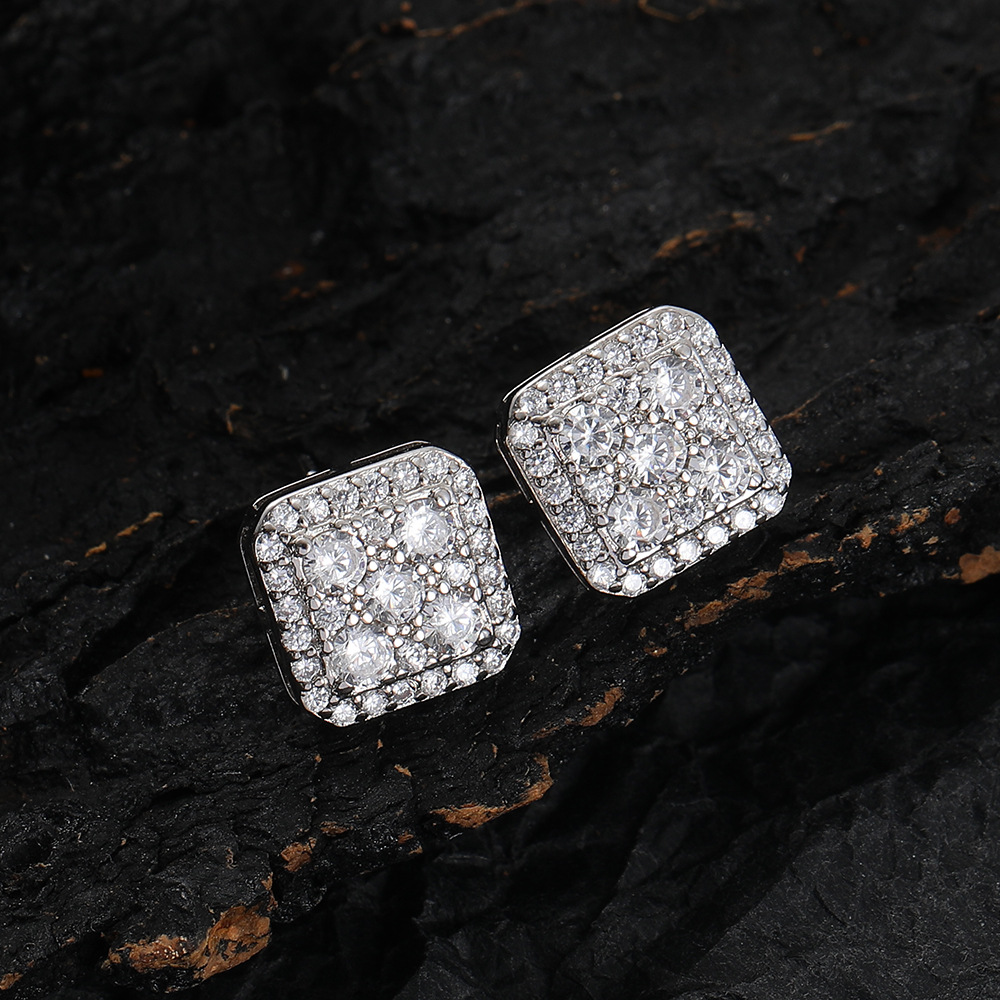 Ear jewelry square earring micro-set zircon simple design men's women's nightclub hip-hop earring