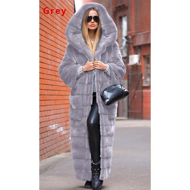 New autumn fashion faux fur jacket hooded cotton-padded jacket thickened and lengthened plush women's coat trench coat eco-friendly fur