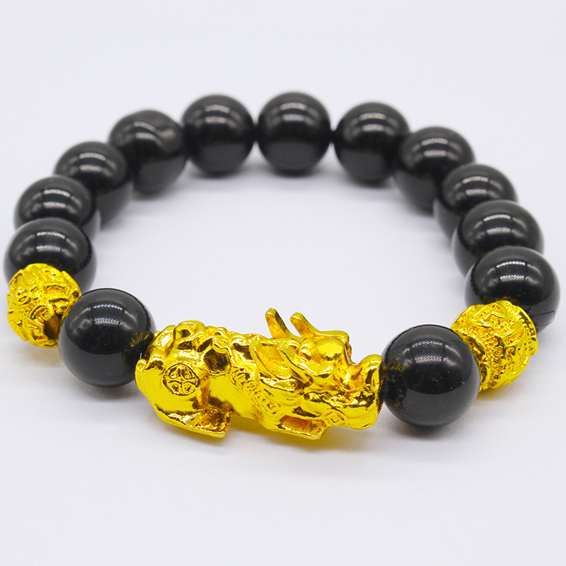 Ethnic style 12mm six-character mantra bracelet gold-plated Pi Xiu imitation obsidian large size men's leather ball bracelet