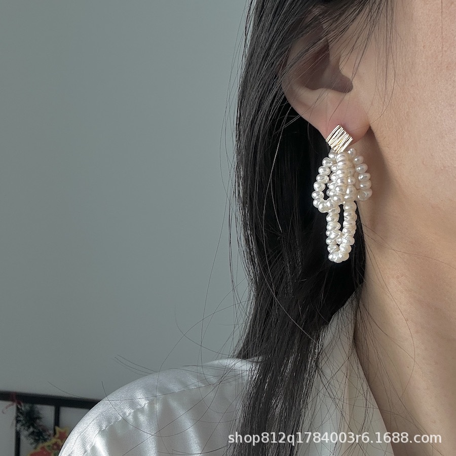 Hand-woven tassel natural multi-layer freshwater pearl S925 silver ear pin