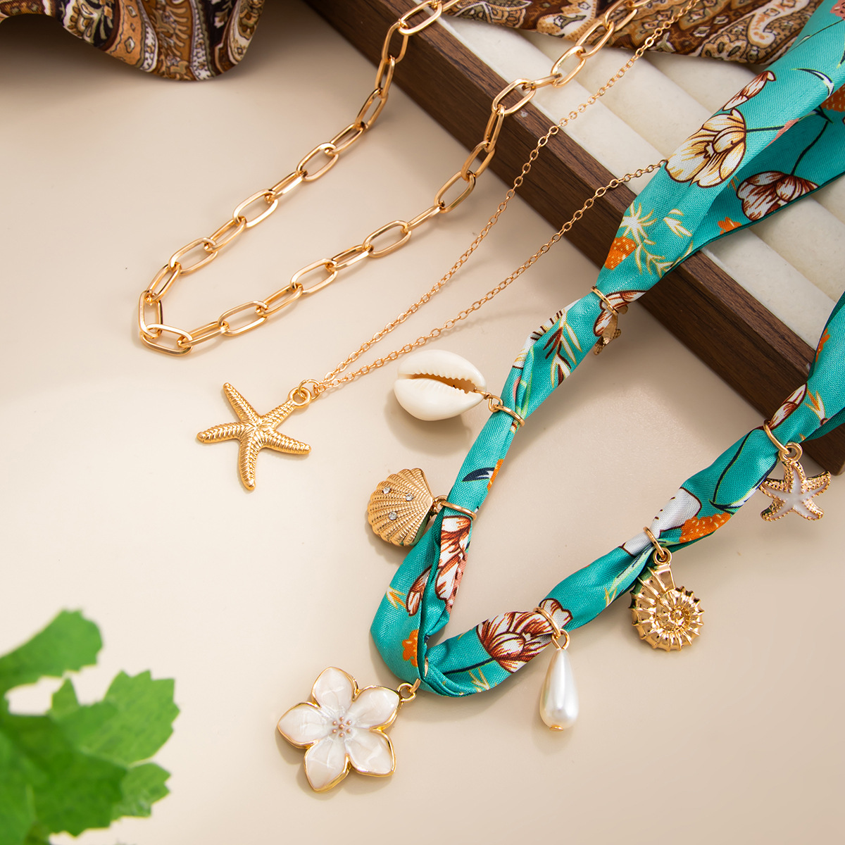 Jewelry ocean style starfish conch pendant necklace sweet cool style printed silk scarf锁骨链