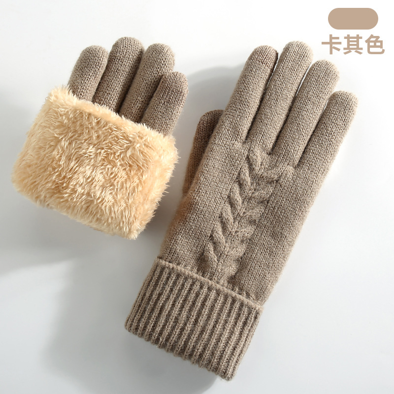 Knitted Gloves Women Winter Double-Layer Fleece-Lined Thick Warm Cold-Proof Outdoor Cycling Touchscreen Gloves