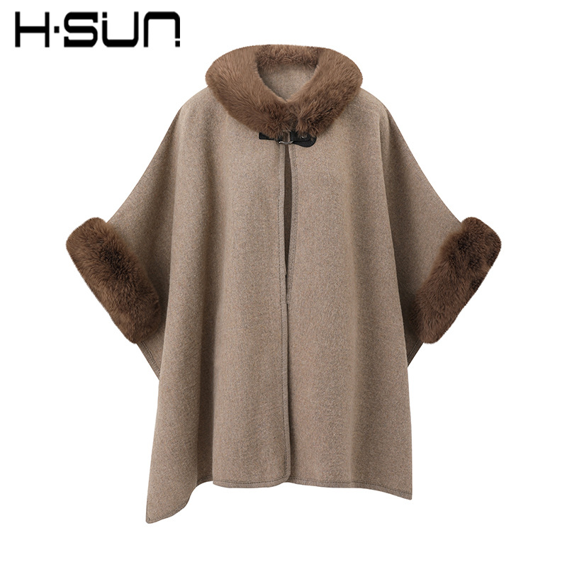 H·SUN Street Style Solid Color Round Neck Poncho Cape Warm Women's 2026 Winter Mid-Length