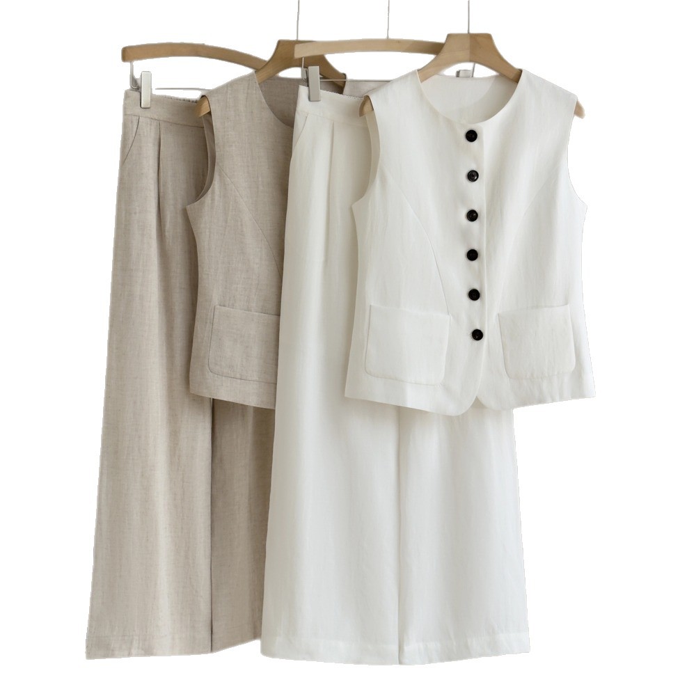 100 linen vest straight-leg pants suit summer breathable casual two-piece set women's workwear