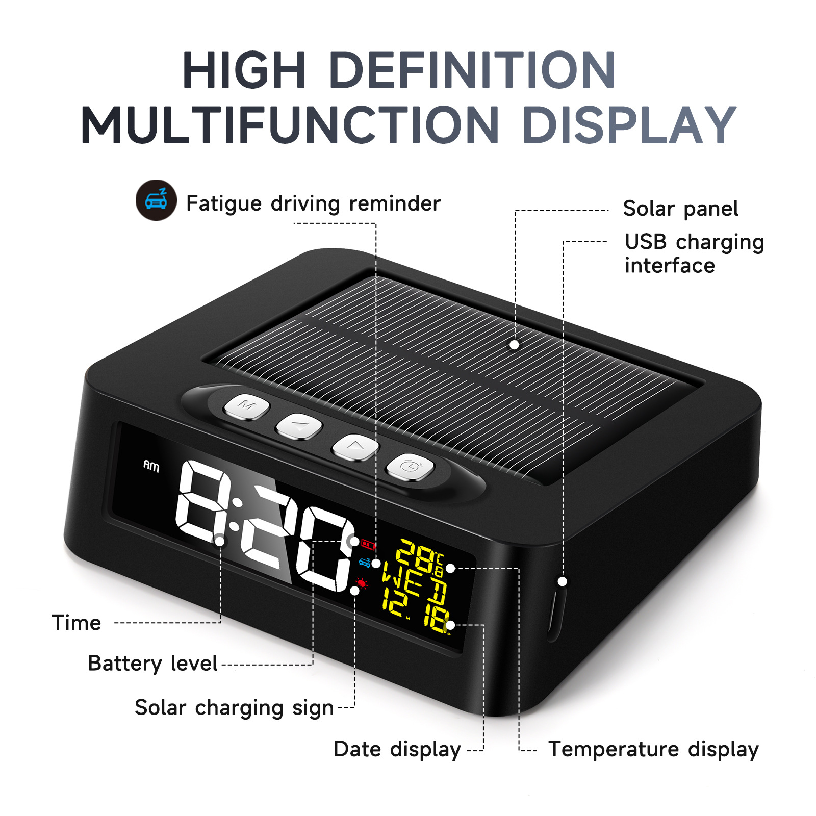 Solar Car Clock Fatigue Driving Reminder Anti-Doze Alarm Clock Thermometer Smart Night Light LED Electronic Clock