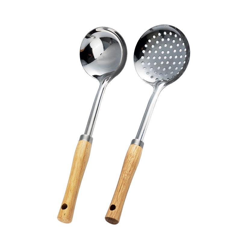 304 stainless steel spatula kitchenware set, high temperature resistant stir-fry spatula, home use, soup spoon, slotted spoon, wooden handle, kitchen supplies