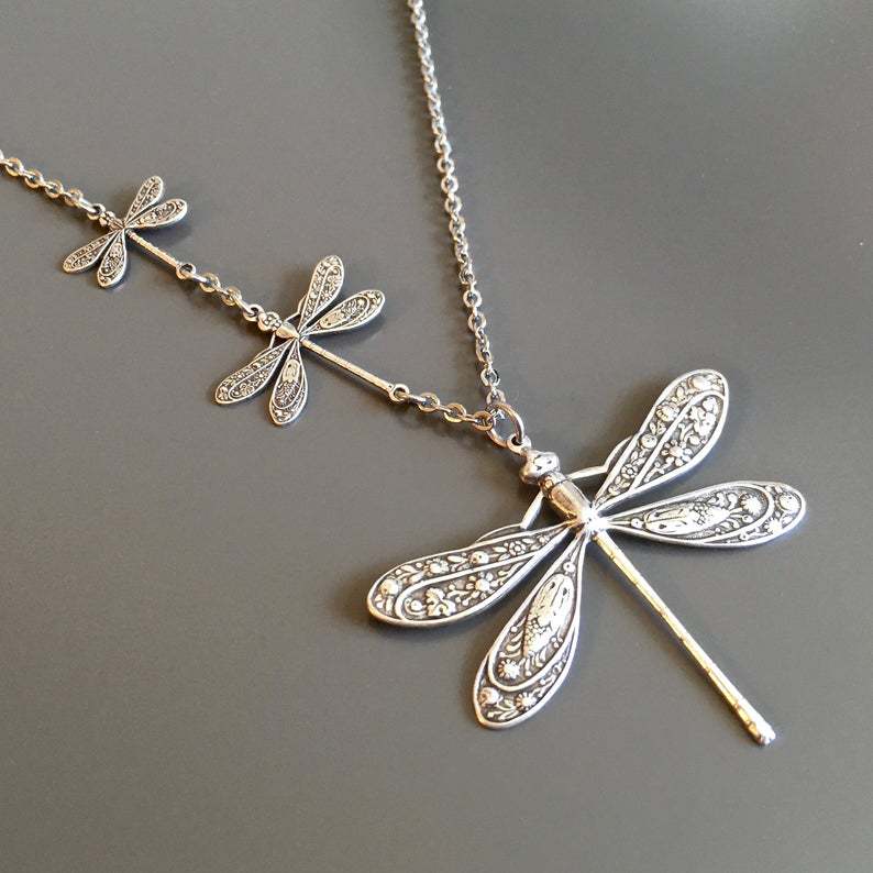 New Carved Tribal Pattern Dragonfly Pendant Asymmetric Dragonfly Sweater Chain