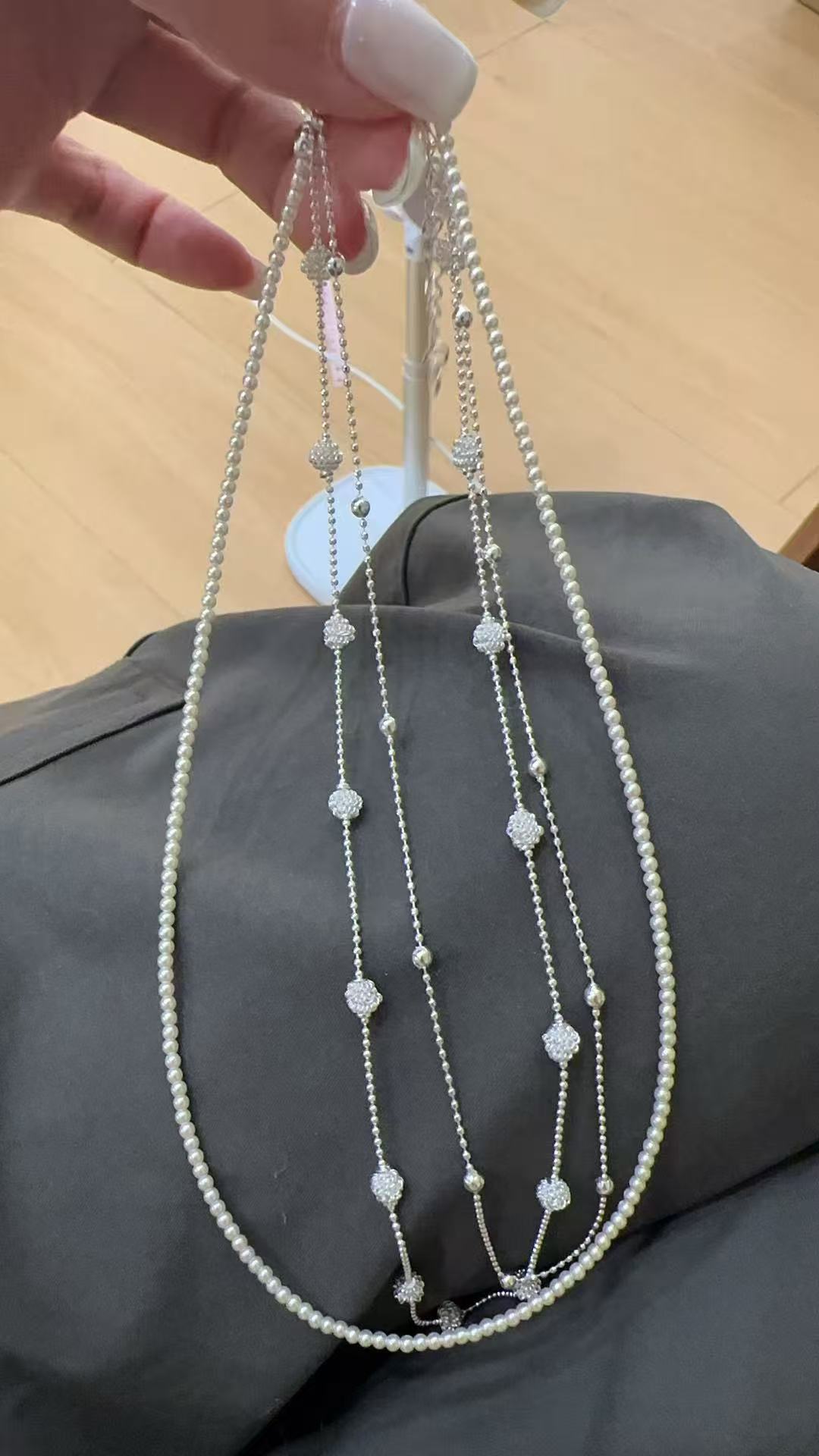 Moonlight three layers multi-layer stacking pearl ball necklace gentle wind锁骨 chain