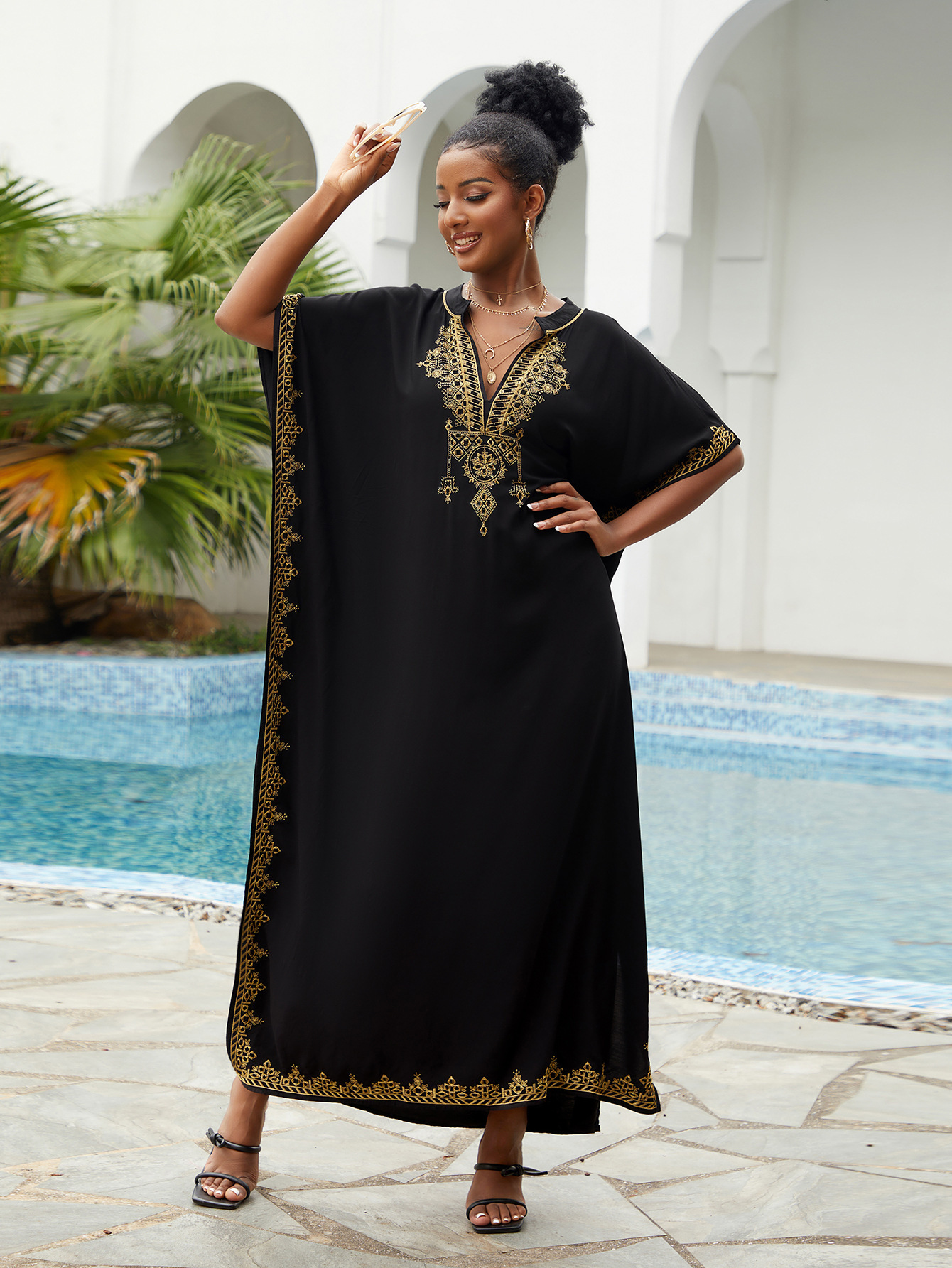 New Rayon Loose Plus Size Vacation Beach Cover Up Stand Collar Long Dress Women Bikini Cover Up Swimsuit Outer