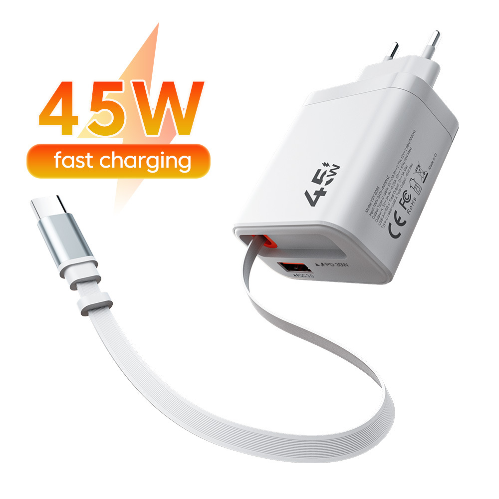 45W Retractable Cable Charger + USB Phone Charger 2-in-1 Foldable Plug