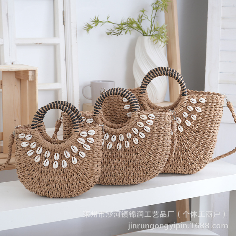 Summer new simple style natural shell half-round handbag, paper rope woven bag, vacation woven bag, vacation women's bag