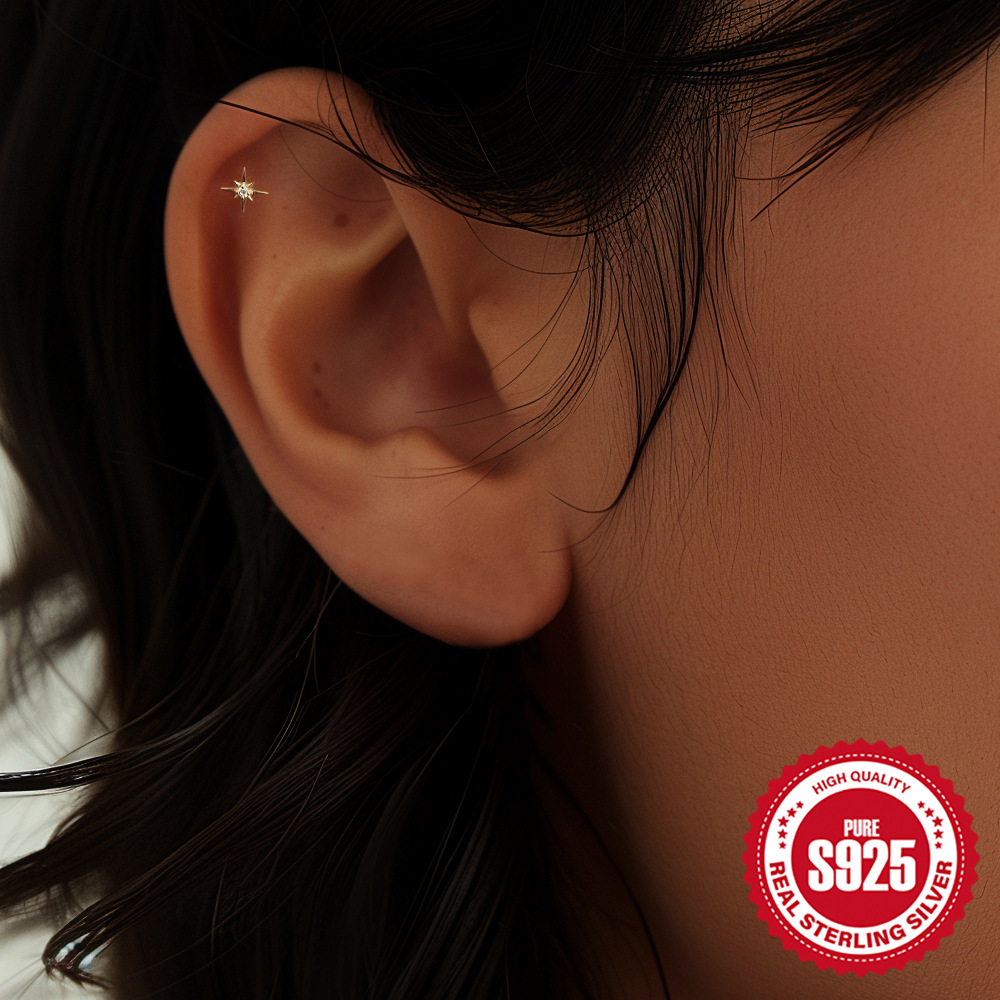 925 sterling silver diamond-set octagonal star heart flat head cartilage piercing ear bone stud new threaded earrings