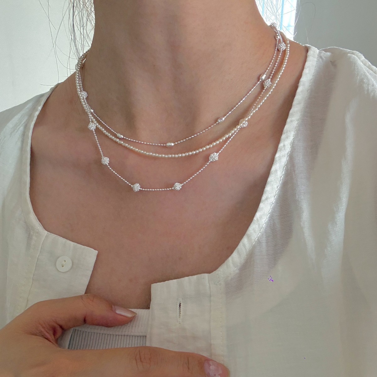 Moonlight three layers multi-layer stacking pearl ball necklace gentle wind锁骨 chain