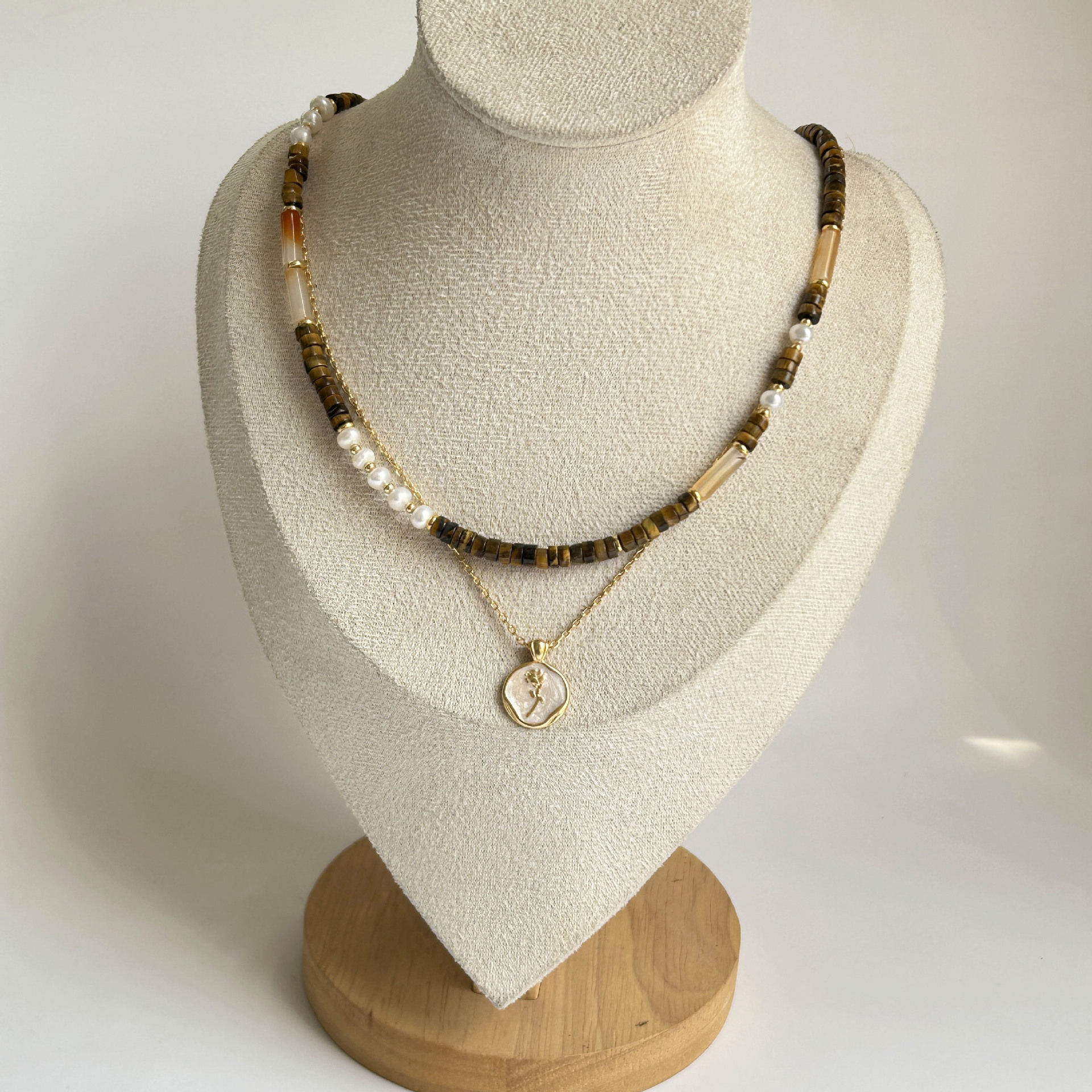 Tiger eye stone mother-of-pearl agate natural bead necklace for women new Chinese-style sweater chain