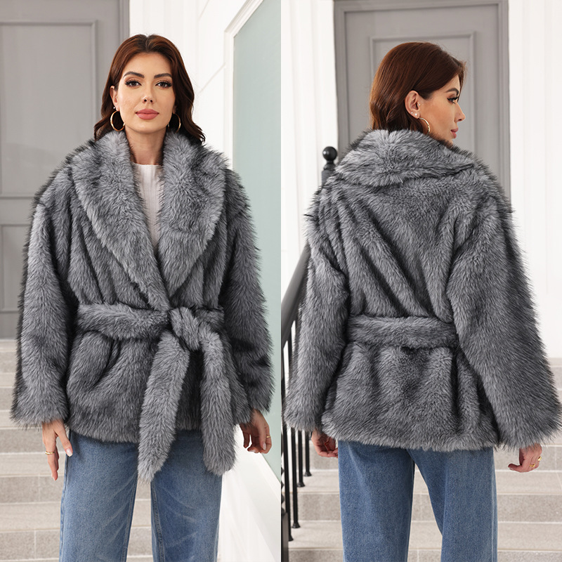 Faux fur with belt mid-length jacket women's clothing warm thickened plush long sleeve Haining Guanchen