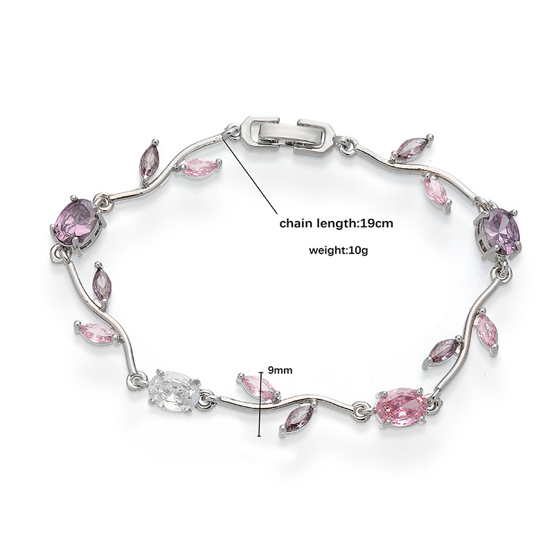 Copper Inlaid Colorful Diamond Branch and Petal Bracelet Leaf Tulip Layered Hand Jewelry