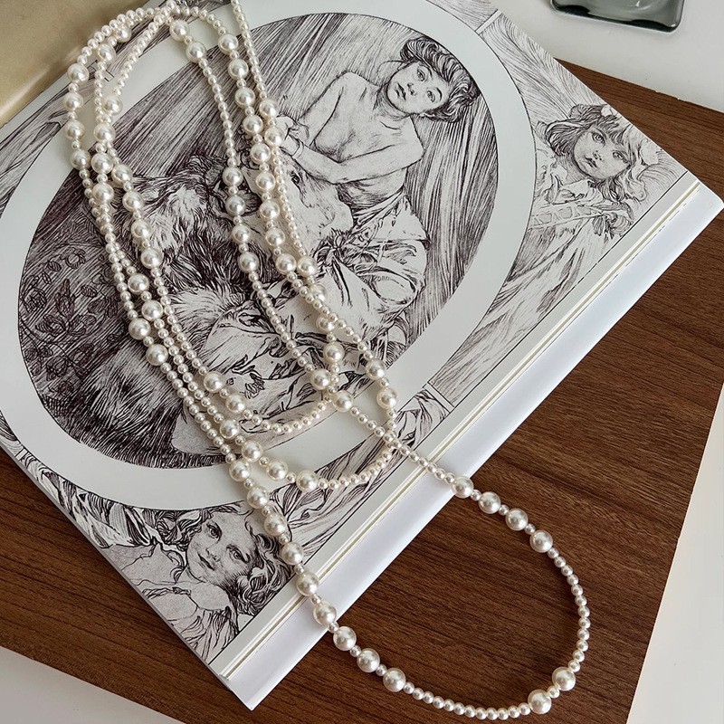 S family Australian white long pearl necklace women sweater chain 2024 new double layer multi-layer stacked neck chain