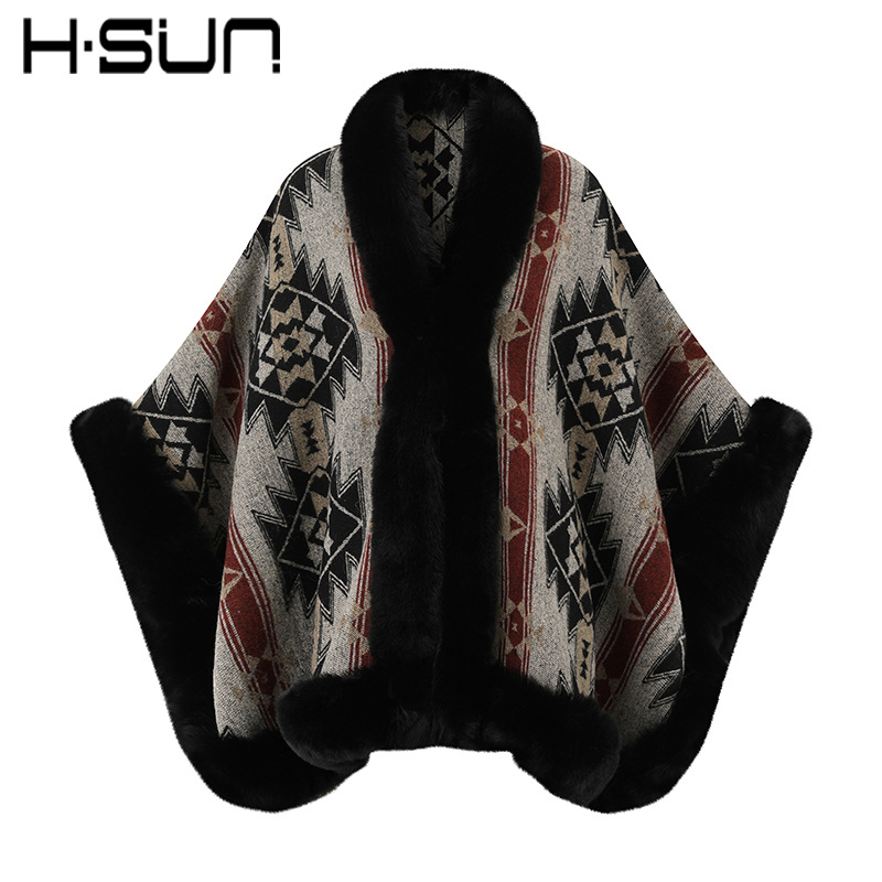 Autumn and Winter Large Loose Imitation Rabbit Fur Collar Split Knit Sweater Women's Poncho Cape Warm Cape Coat