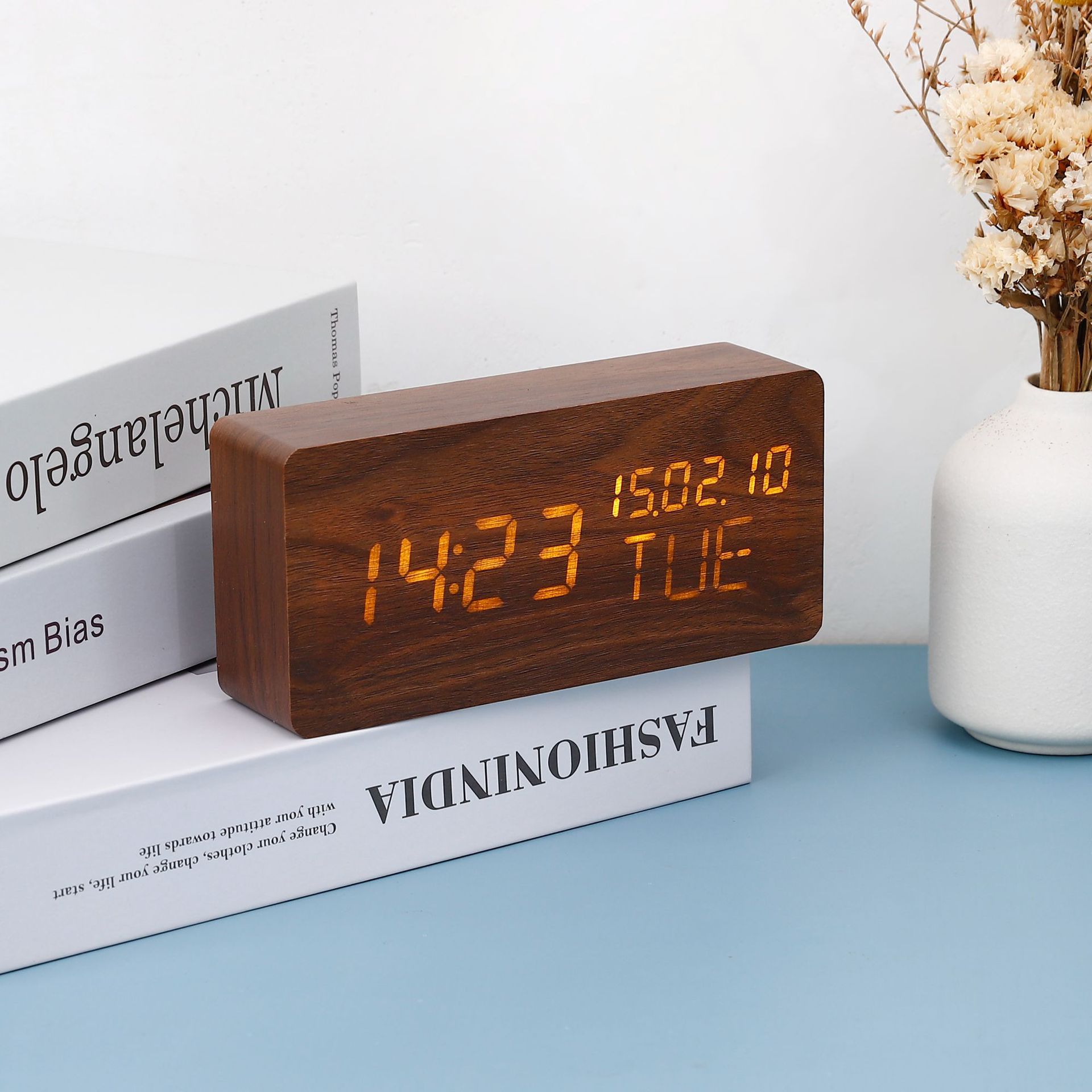 Rectangular perpetual calendar wooden clock desktop LED electronic voice-controlled wooden clock, student wake-up clock