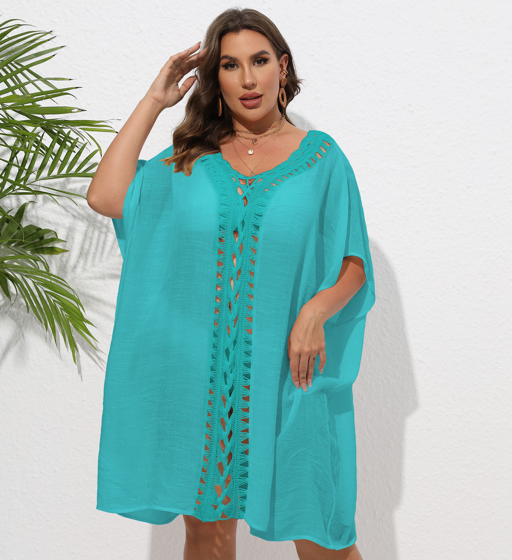 Women's Dress Plus Size Hand-Crocheted Lace-Up Loose Beach Bikini Outer Cover-Up