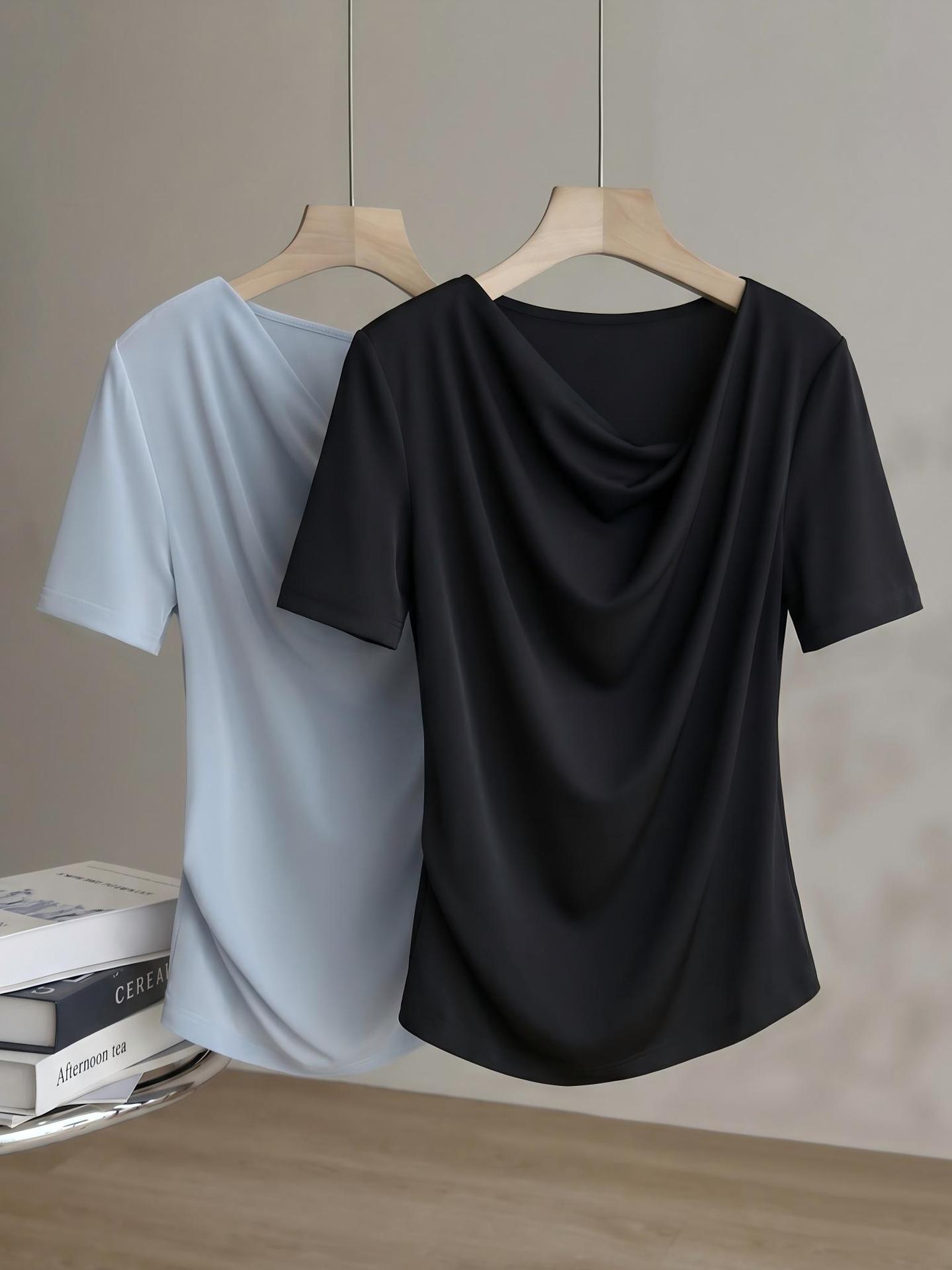 White T irregular draped collar pleated cool acetate T-shirt women summer elegant waist short-sleeve top
