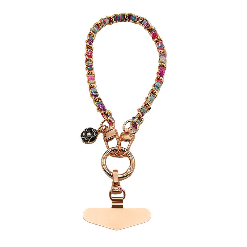 Mobile phone lanyard small fragrance camellia tag pendant phone chain wrist hanging decoration short metal chain