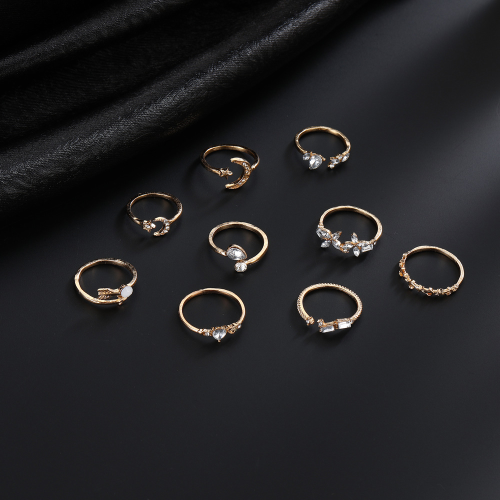 New Ring Set 9-Piece Love Butterfly Star Moon Diamond Combination Ring Set for Women