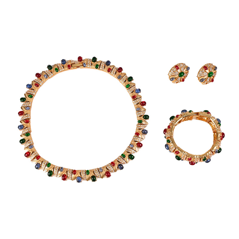 Vintage copper inlaid rhinestone necklace earring bracelet elegant cheongsam