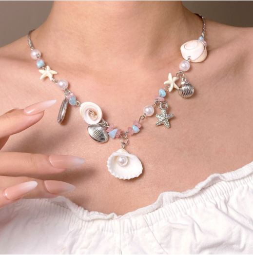 Starfish Shell Pearl Colorful Beaded Necklace Women Beach Vacation Style Collarbone Chain Summer Sweet Cool Necklace Accessories