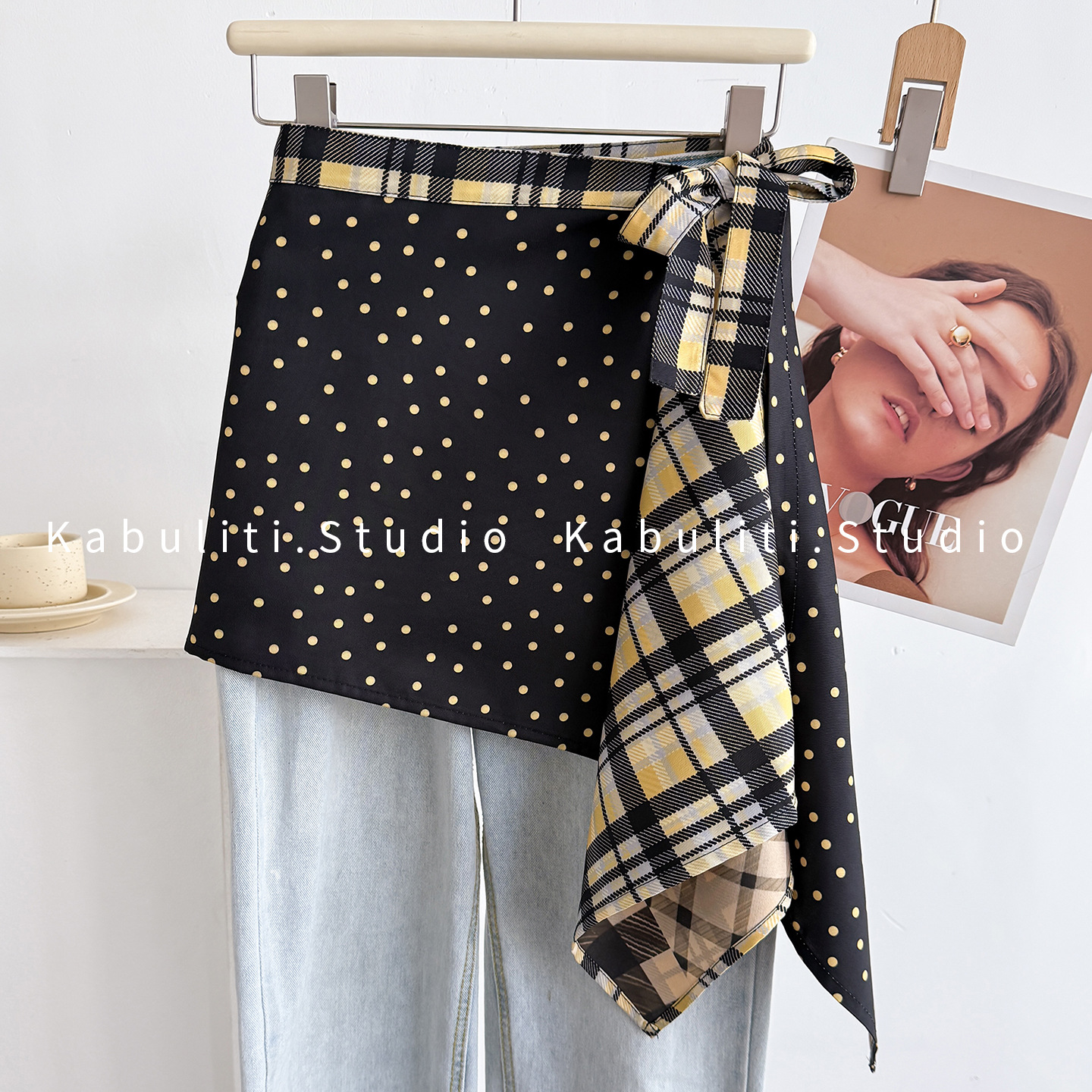 Ethnic style cashew flower layered skirt pants, small triangle denim skirt with belt, thin silk scarf women's half-length skirt