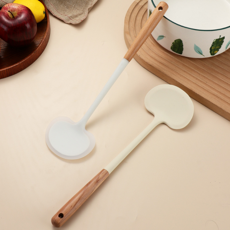 Wooden handle silicone spatula and spoon set, household kitchen tool, Chinese spatula, non-stick pan spatula, soup spoon, cooking high temperature resistant stir-fry