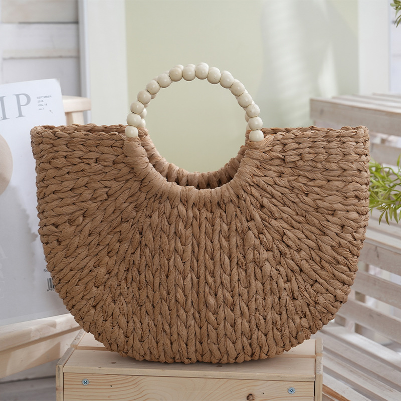 Handbag New Straw Bag Round Bead Handle Summer Woven Women's Bag Large Capacity Beach Handmade Vacation Bag