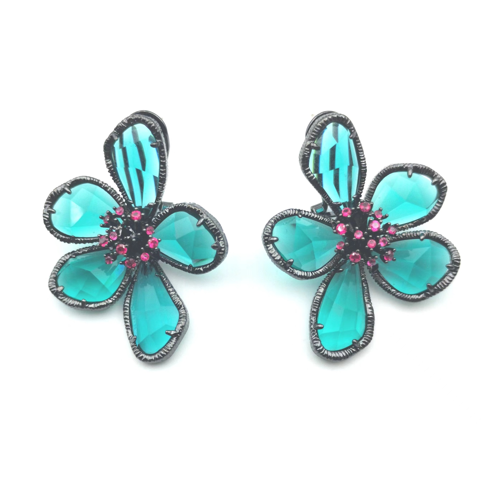 Silver needle flower zircon stud earrings new luxury ear jewelry
