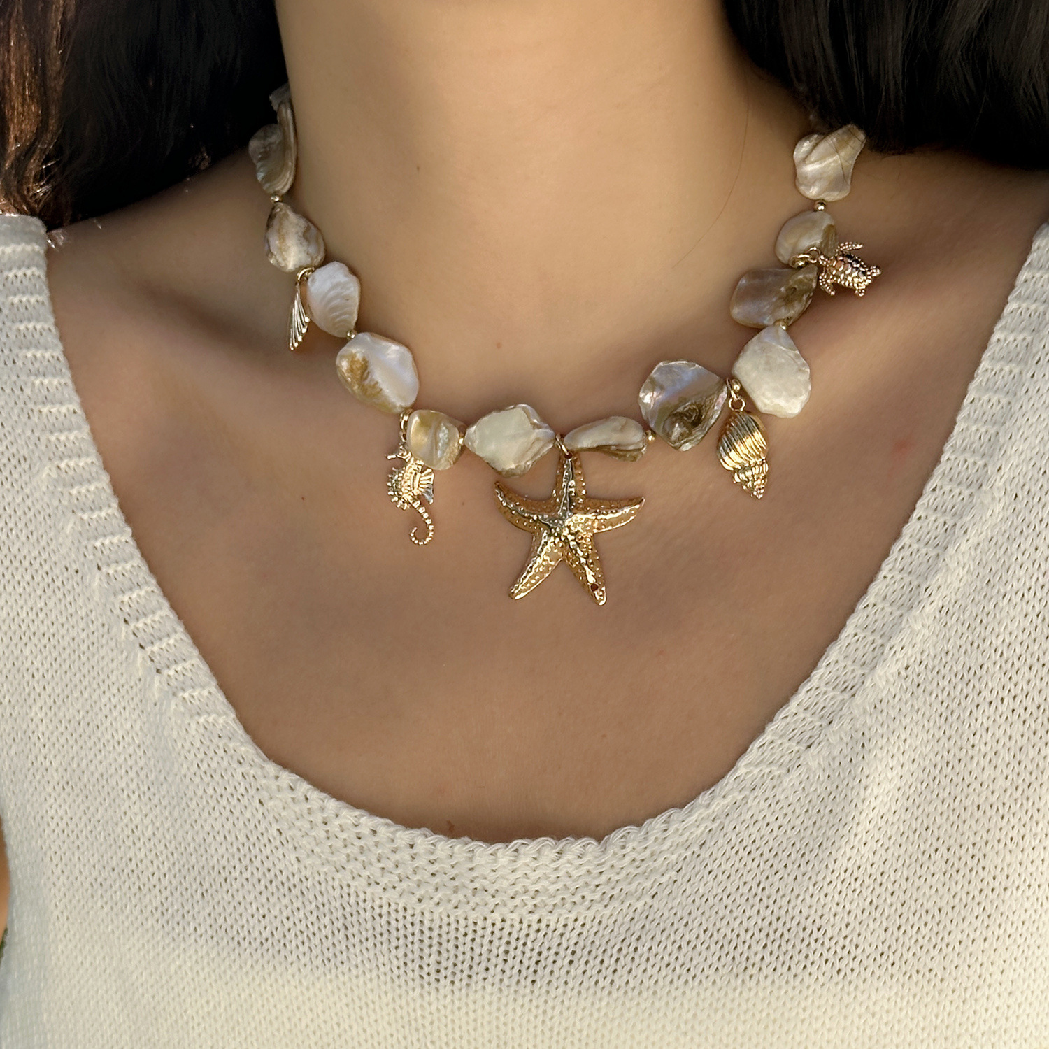 New Starfish Shell Beaded Necklace Imitation Pearl Beaded Layered Gold Necklace Niche Accessories Women