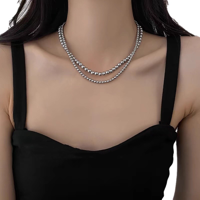 Swarovski Multi-Ma Silver-Gray Pearl Necklace for Women, Clavicle Chain, Layered Hoodie Chain, Women's Clavicle Chain