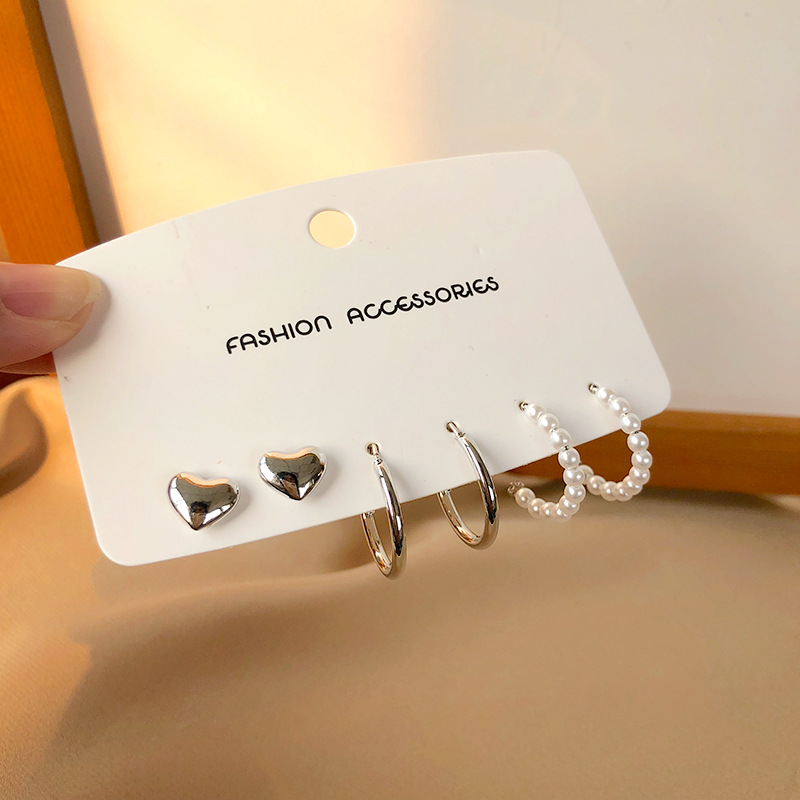 S925 silver needle simple heart-shaped ear studs C-shaped pearl earring three-piece set ear accessories 2664