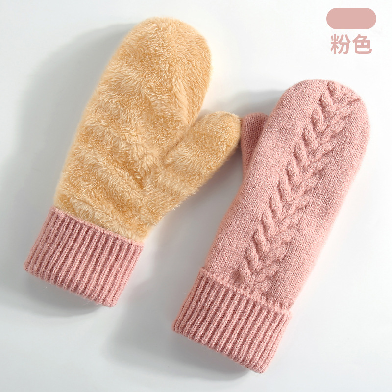 New Knitted Gloves Women Winter Double-Layer Fleece-Lined Thick Warm Mittens Cycling Mittens