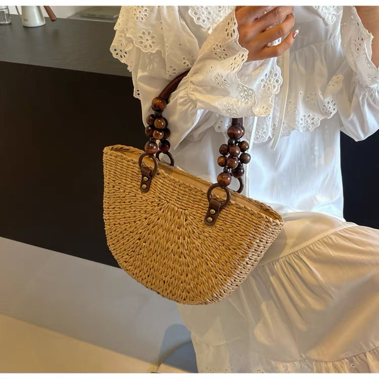 Wood Bead Handheld Straw Bag Handwoven Bag Large Capacity Tote Bag Women's Single Shoulder Basket Vacation Beach Bag