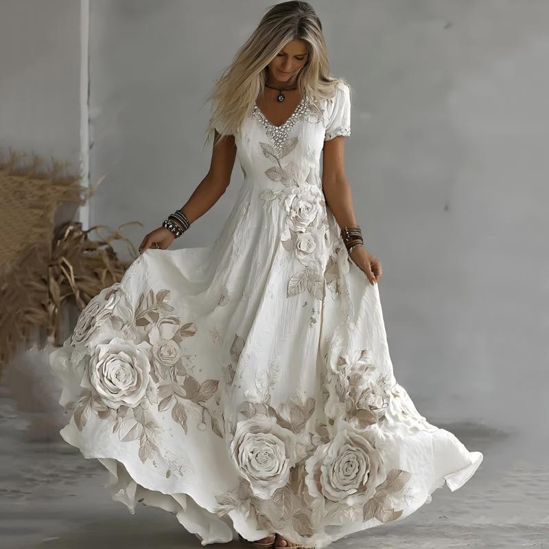 2026 Independent Station New Women's Solid Color Elegant Print Pleated Floral Dress