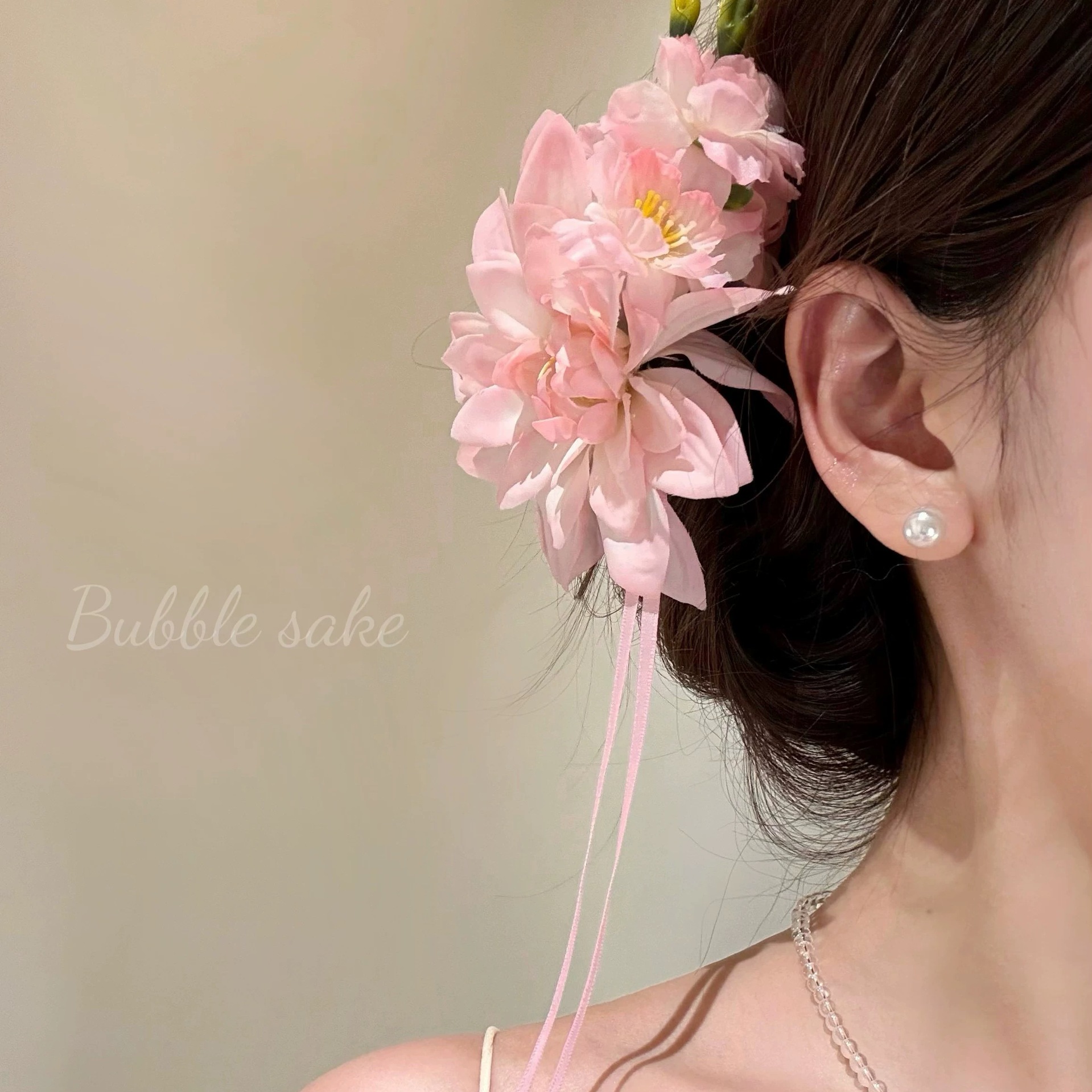 8#浅粉月季花飘带仿真花鸭嘴发夹
