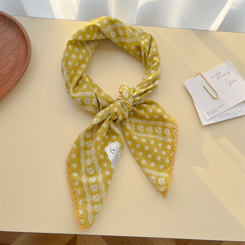 New pure cotton yarn scarf, black rice small square scarf, scarf hairband, spring and summer neck-protecting scarf for women, headscarf floral