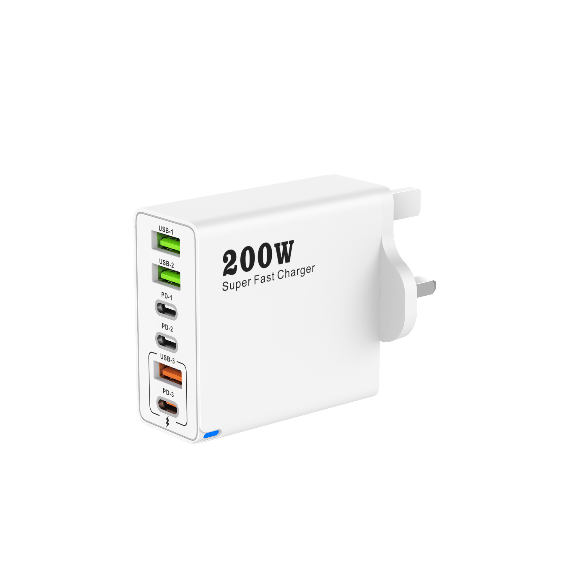 New 200W Multi-Port Charger 3USB+3PD 6-in-1 for Mobile Phones, Australian/Indian/UK Standard Fast Charging Head 5V