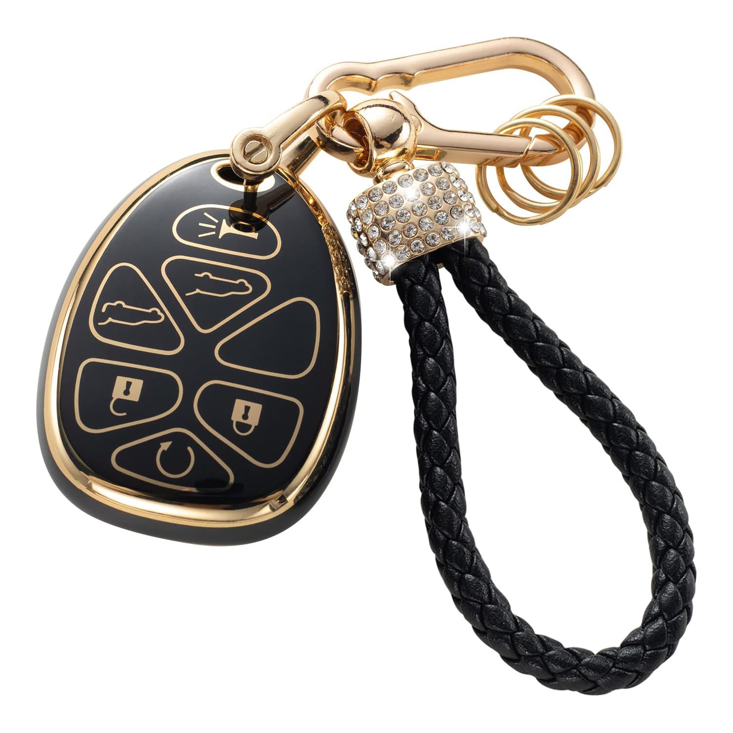 Gold Edge Black Key Car Key Bag Set Rhinestone Carabiner Pendant Keychain