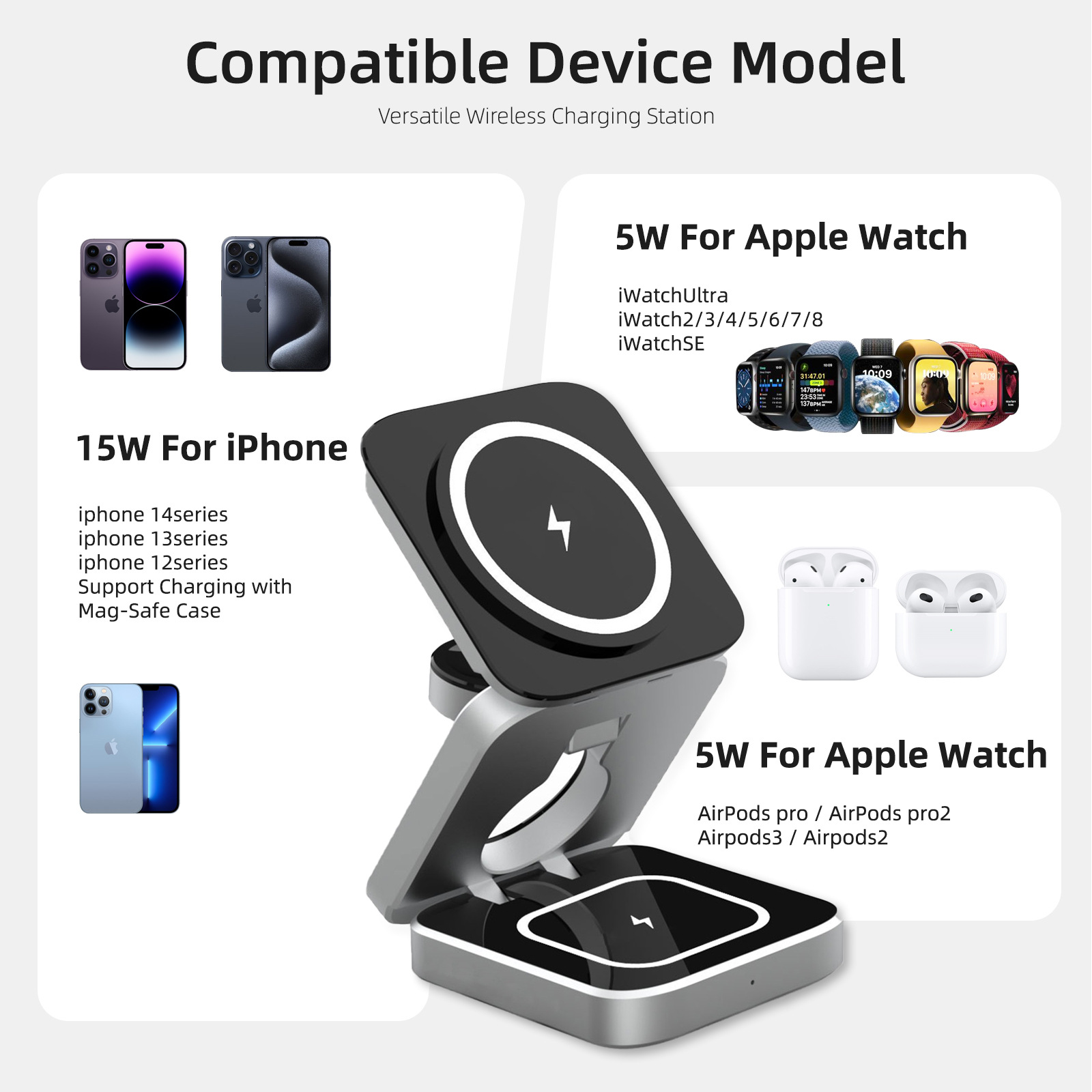 Three-in-one magnetic wireless charger phone fast charging foldable stand earphone watch wireless charger