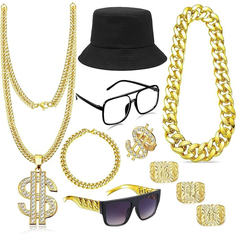 Hip Hop Punk Elvis Sunglasses 18k Gold Plated Dollar Bill Necklace Fisherman Hat Accessory Set