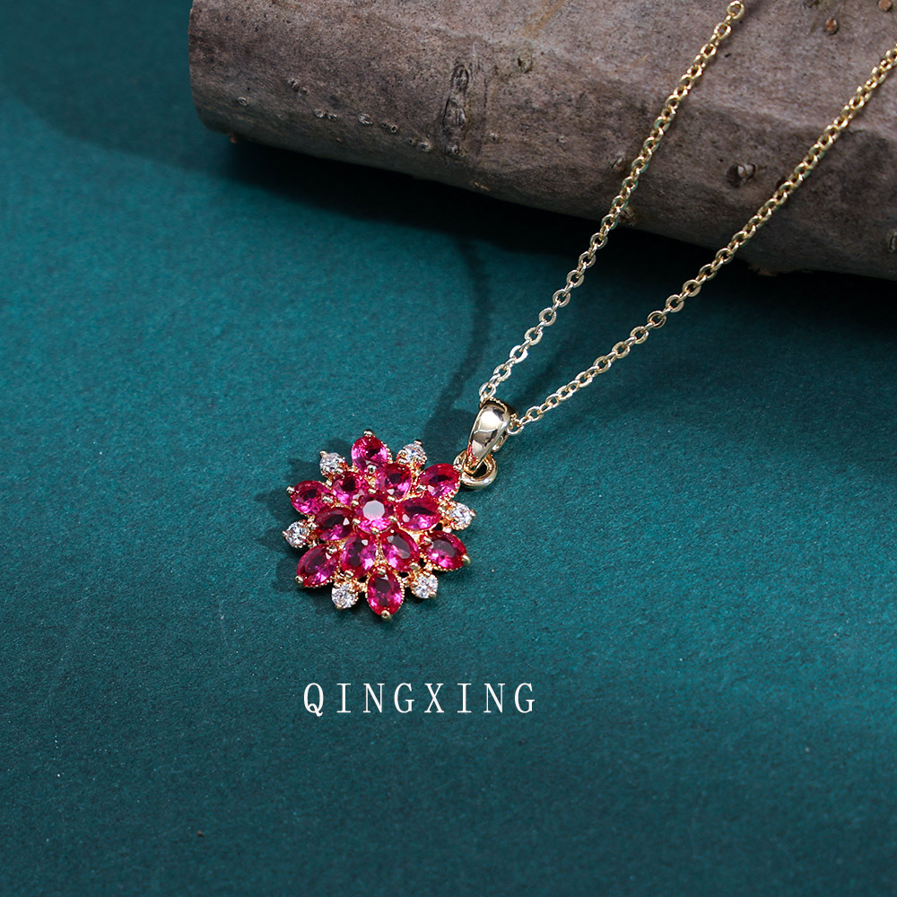 Red Corundum Three-Dimensional Flower Pendant Necklace Women's Synthetic Ruby Gold-Plated Collarbone Chain